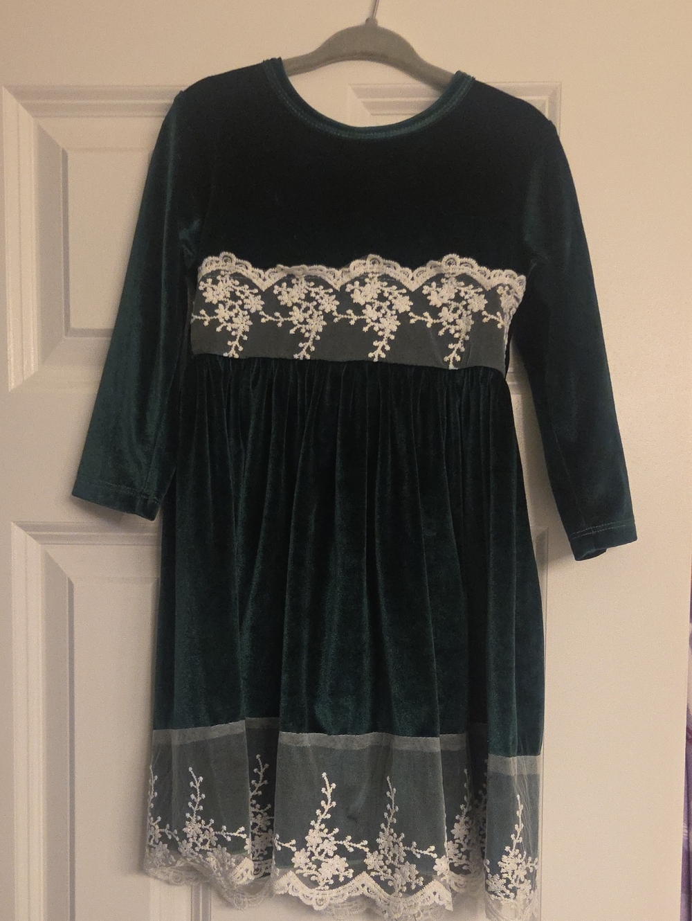 Amazon Girls Emerald Velvet Dress with White Lace Trim